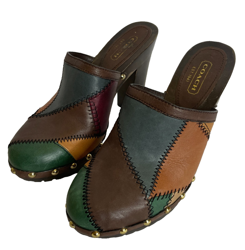 Women's 9 Vtg Coach Emilia Patchwork Leather Slip On Heel Mules Wood